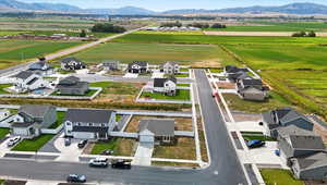 Aerial perspective of suburban area featuring a mountain backdrop