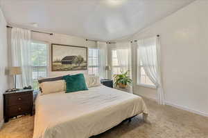 Bedroom with light colored carpet, multiple windows, a textured wall, lofted ceiling, and a textured ceiling