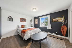 Bedroom featuring baseboard heating and wood finished floors