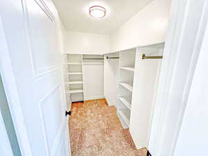 Walk in closet featuring light colored carpet