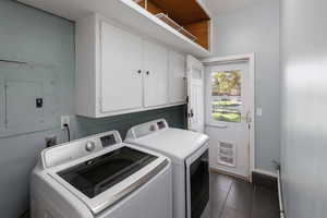 Laundry room featuring separate washer and dryer, heating unit, electric panel, and cabinet space
