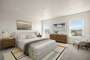 Carpeted bedroom featuring multiple windows and a textured ceiling