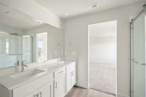 Bathroom featuring a stall shower, light wood-style floors, and double vanity