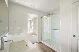 Bathroom featuring a shower stall, double vanity, and light wood-style flooring