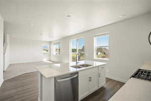 Kitchen with stainless steel dishwasher, white cabinetry, a kitchen island with sink, dark wood-style floors, and light stone counters