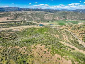Aerial view of property and surrounding area with a mountain backdrop and a heavily wooded area