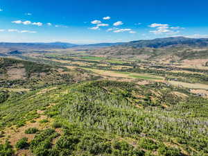 Bird's eye view of a mountain backdrop and a heavily wooded area