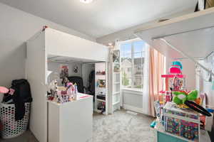 Bedroom with light carpet