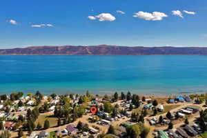 Aerial perspective of suburban area with mountains