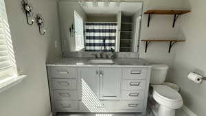Full bath with vanity and a shower with shower curtain