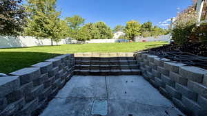 Fenced backyard with a patio
