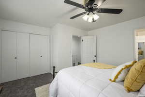 Bedroom featuring carpet floors, a closet, and ceiling fan