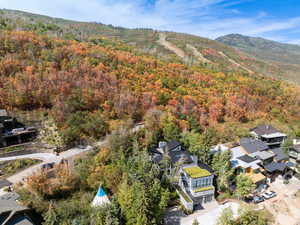 Aerial view of residential area with a mountainous background