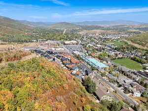 Aerial overview of property's location with nearby suburban area and a mountainous background