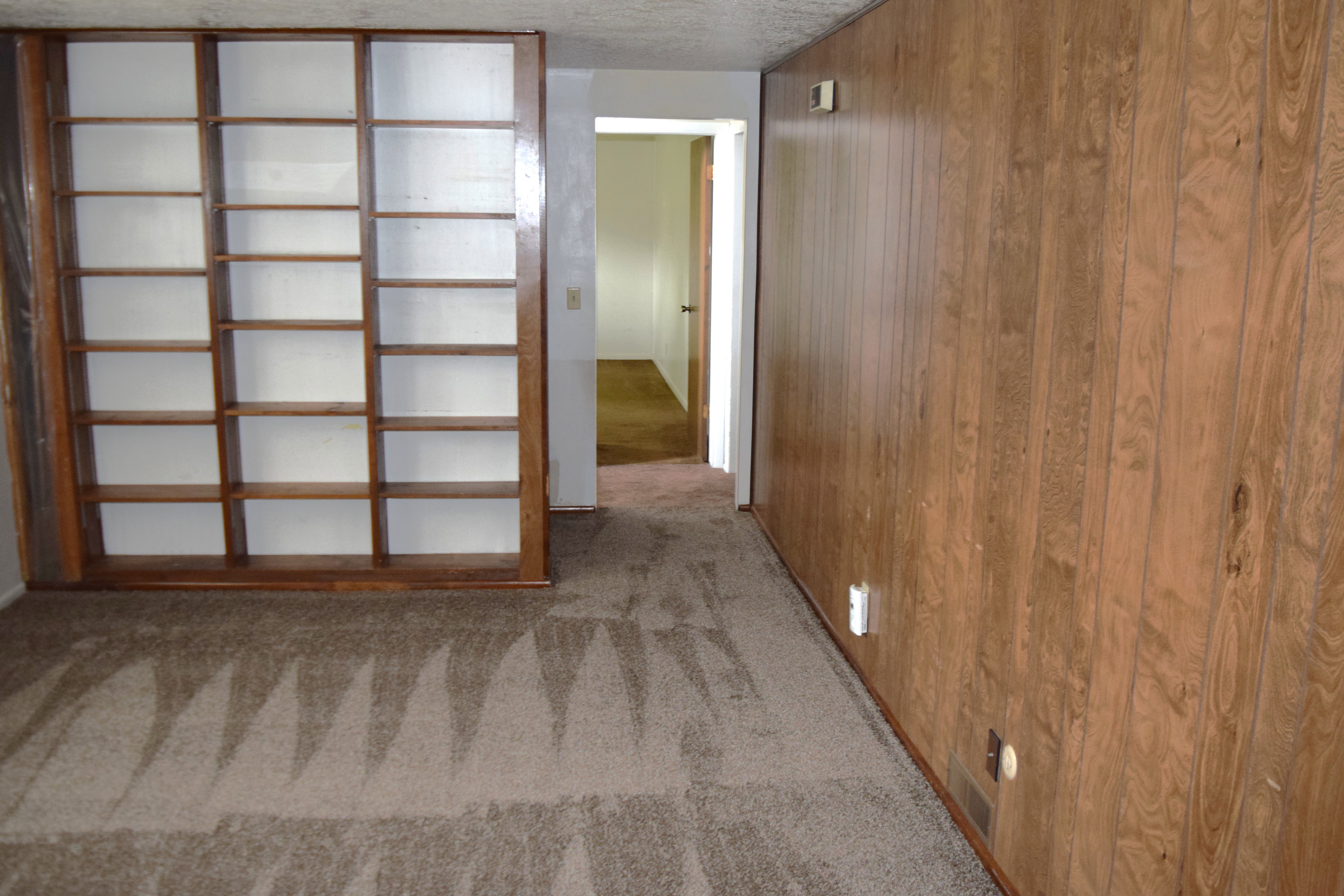 Carpeted spare room with wood walls