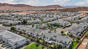 Aerial view of residential area with a mountain backdrop
