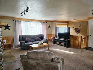 Living area with wainscoting, wood walls, track lighting, carpet, and a textured ceiling