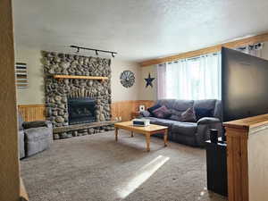 Living room with carpet, wainscoting, a stone fireplace, a textured ceiling, and rail lighting