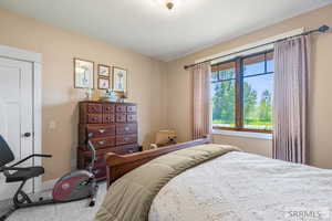 Bedroom featuring carpet floors and baseboards