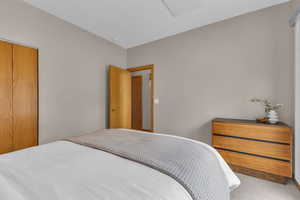 Carpeted bedroom with a closet