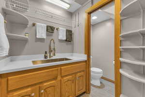 Half bathroom featuring toilet and vanity