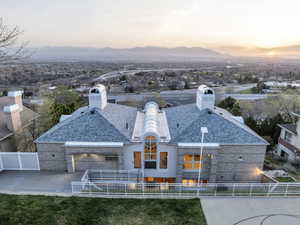 Aerial view at dusk of a mountain view and a residential view