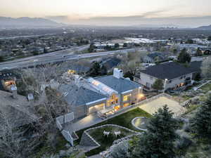 Aerial perspective of suburban area featuring mountains