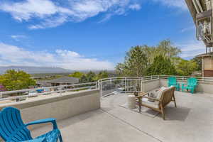 View of patio with a mountain view