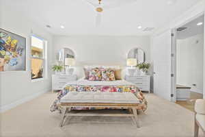 Primary Suite, Carpeted bedroom with recessed lighting and a ceiling fan