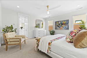 Primary Suite, Carpeted bedroom featuring recessed lighting, a ceiling fan, and connected bathroom