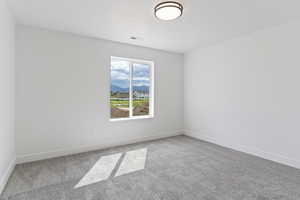 Carpeted empty room with a mountain view and a textured ceiling