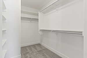 Walk in closet featuring light colored carpet