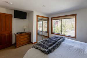 Bedroom featuring carpet flooring, a closet, and baseboard heating