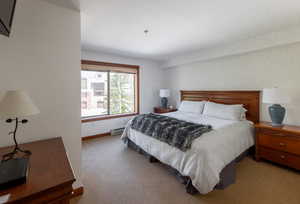 Carpeted bedroom featuring baseboards and a baseboard radiator