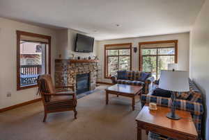 Living area featuring carpet floors and a fireplace