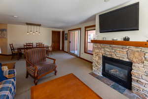 Living room featuring carpet floors and a fireplace
