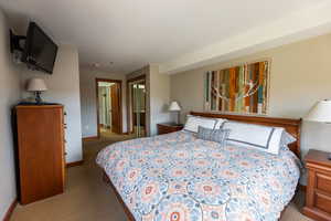 Carpeted bedroom featuring baseboards and a closet