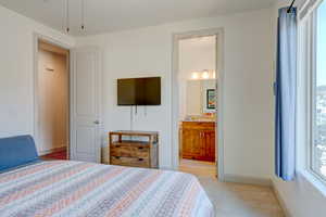 Bedroom with multiple windows, light carpet, and ensuite bathroom
