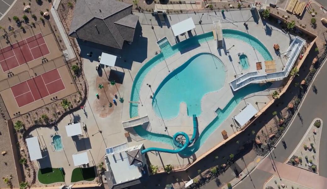 Drone / aerial view of a pool area