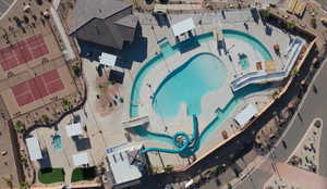 Drone / aerial view of a pool area