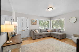 Living room with light wood-type flooring and baseboards