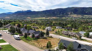 Aerial perspective of suburban area with mountains