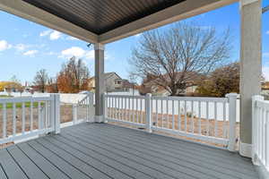 Wooden deck with a fenced backyard and a residential view