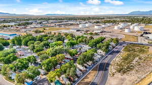 Aerial view of residential area with mountains
