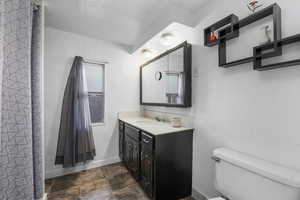 Bathroom featuring vanity, dark stone finish floors, and curtained shower
