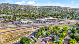 Aerial view of mountains and a main thoroughfare