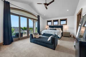 Bedroom featuring access to outside, lofted ceiling, carpet, recessed lighting, and a ceiling fan