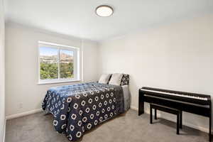 Carpeted bedroom with crown molding and baseboards