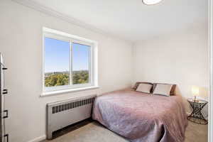 Bedroom featuring radiator, crown molding, and tile patterned flooring