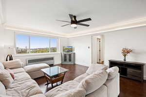 Living area featuring radiator heating unit, a ceiling fan, and dark wood-style floors